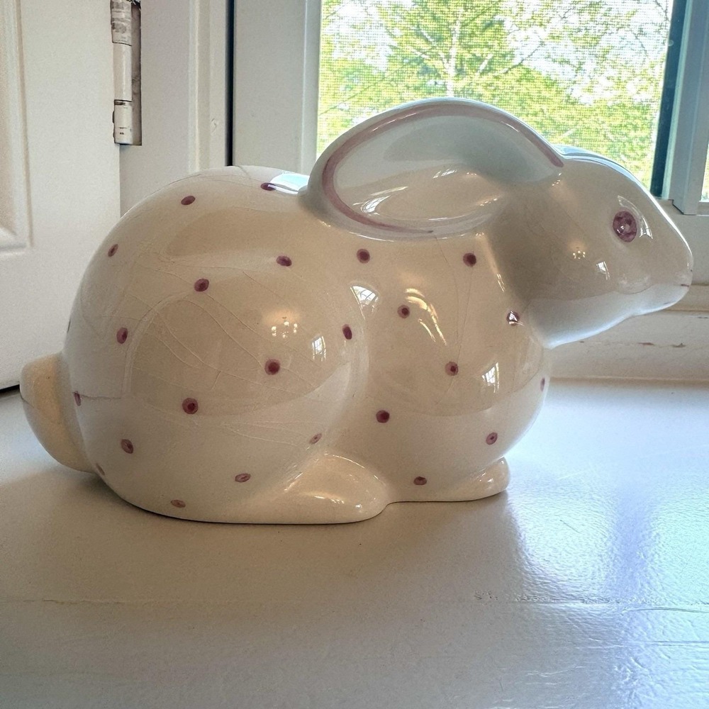 Tiffany & Co Ceramic Bunny Vintage Piggy Bank Pink Polka Dots Hand Painted Italy